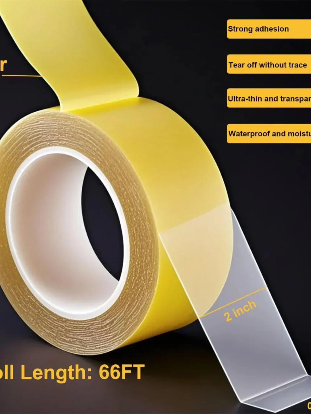 Ultra-Thin Heavy Duty Double Sided Tape - 2 Inch x 66 Feet, Clear Strong Two Sid
